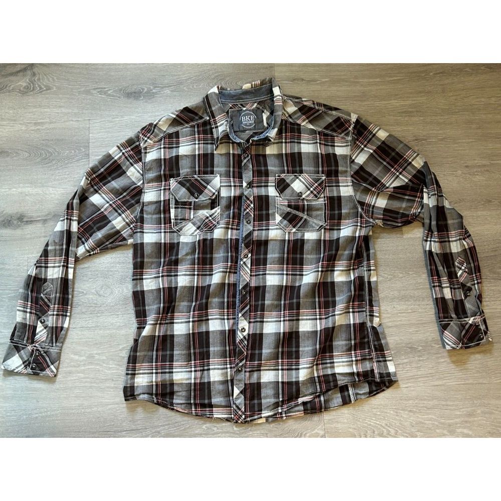 BKE Pearl Snap Shirt Mens‎ XXL Black Grey Red  Long Sleeve Plaid Relaxed Fit 2XL